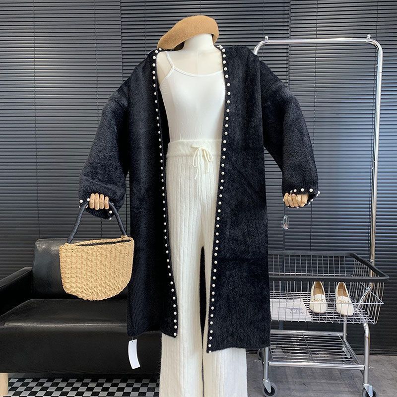 Women's Mink Fleece Cardigan Jacket Autumn and Winter Midi Beaded Knitted Cardigan Loose Casual Over-the-knee Knitted Sweater Coat