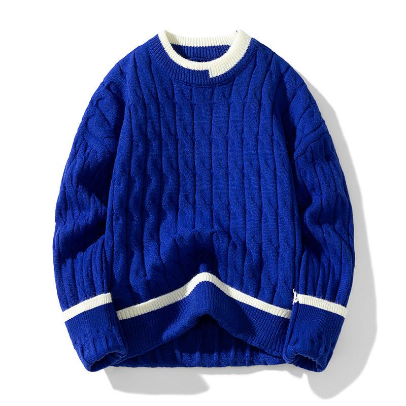 Sweater Plus Velvet Men's Knitted Sweater Fake Two-piece Trendy Loose Autumn and Winter Round Neck Casual