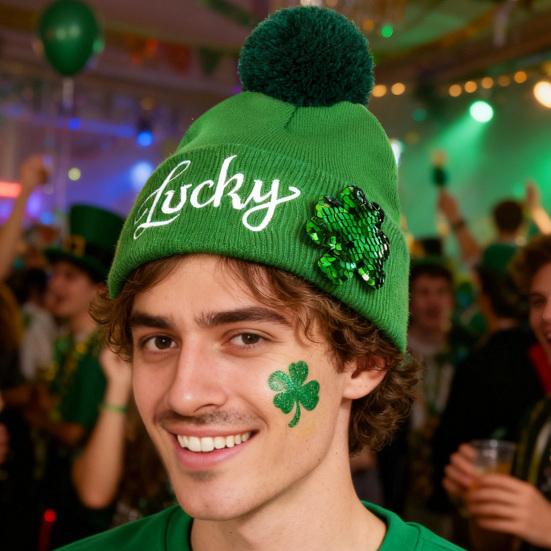 St. Patrick's Cuffed Pom Knit Hat Green Day Shamrock Hat Irish Sequins Clover Skull for Men