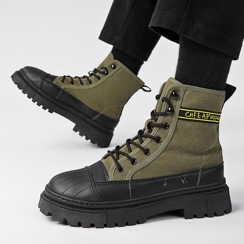 Grüne Canvas Herren Stiefeletten Mode Schnürstiefel Motorradstiefel Mann Werkzeugstiefel Herbst Rutschfest Cowboy Plateau Stiefel Für Mann