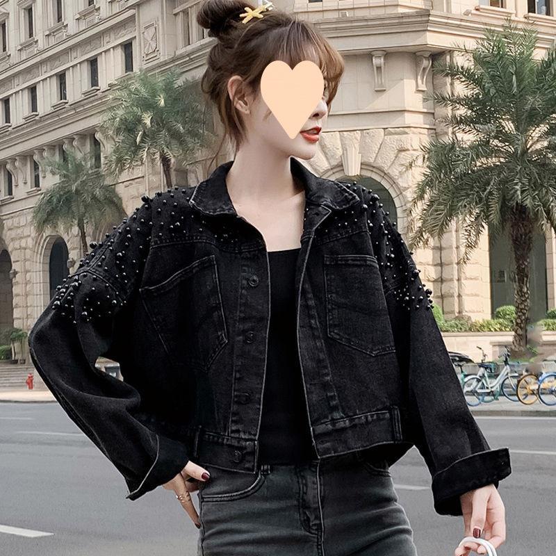Women Jean Jacket Pearls Beading Spring Autumn Long Sleeve Pockets Denim Jackets Women Loose Outwear Female