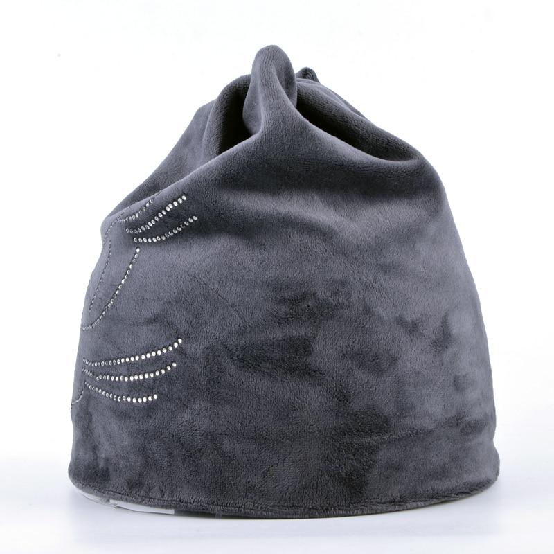 Winter Beanie Hats For Women Cut Hat With Rhinestone Cat Pattern Beanie with Ear Velvet Hat For Girl
