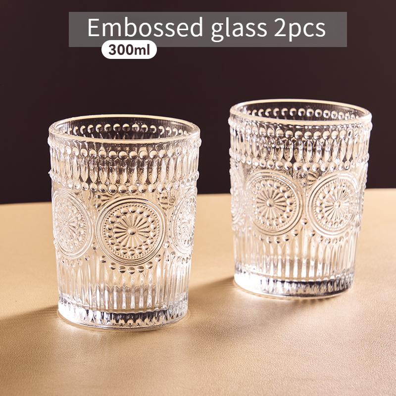 GIANXI 300ml Nordic Style Glass Cup Embossed Design With Gold Rim Tea Cups Thickened Heat Resistant Retro Transparent Teacup Set