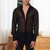 Camicia Trasparente Nera da Uomo Camicia a Rete Vedo-Non-Vedo Maniche Lunghe Sottili Scollo a V Collo a Revers Camicia alla Moda a Un Bottone Camicetta Base Sexy Festa