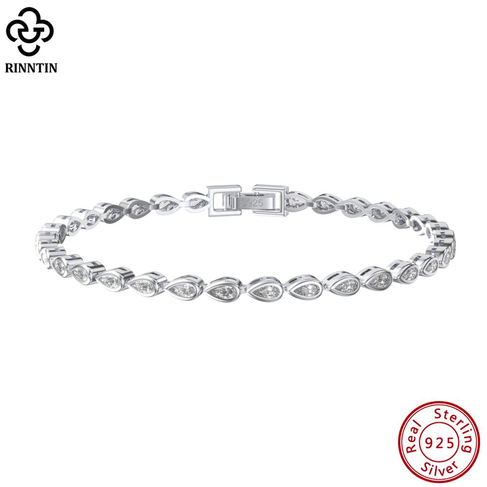 Rinntin Glänzendes Tennisarmband 925er Silber Birnenschliff 2*4mm Zirkonia Bazel-Fassung Luxuriöse Hochzeits-Kettenarmband Schmuck SB154
