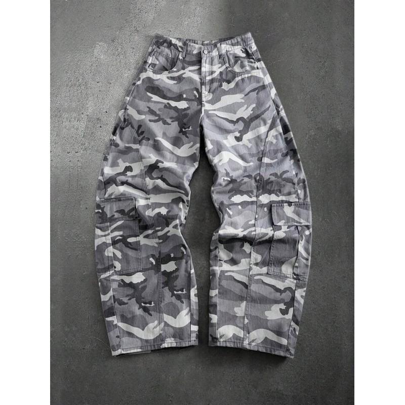 Womens High-Waisted Wide-Leg Camo Denim Pants