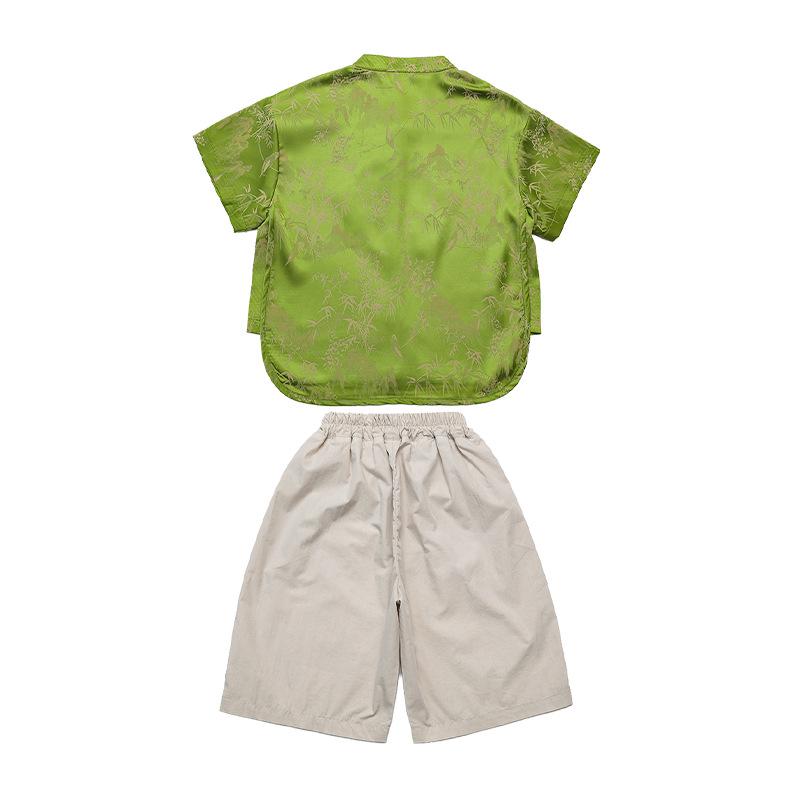 Boys' Hanfu Tang Suit - Dragon Boat Festival 2026: Green Gem National Style Short Sleeve Set for Toddlers