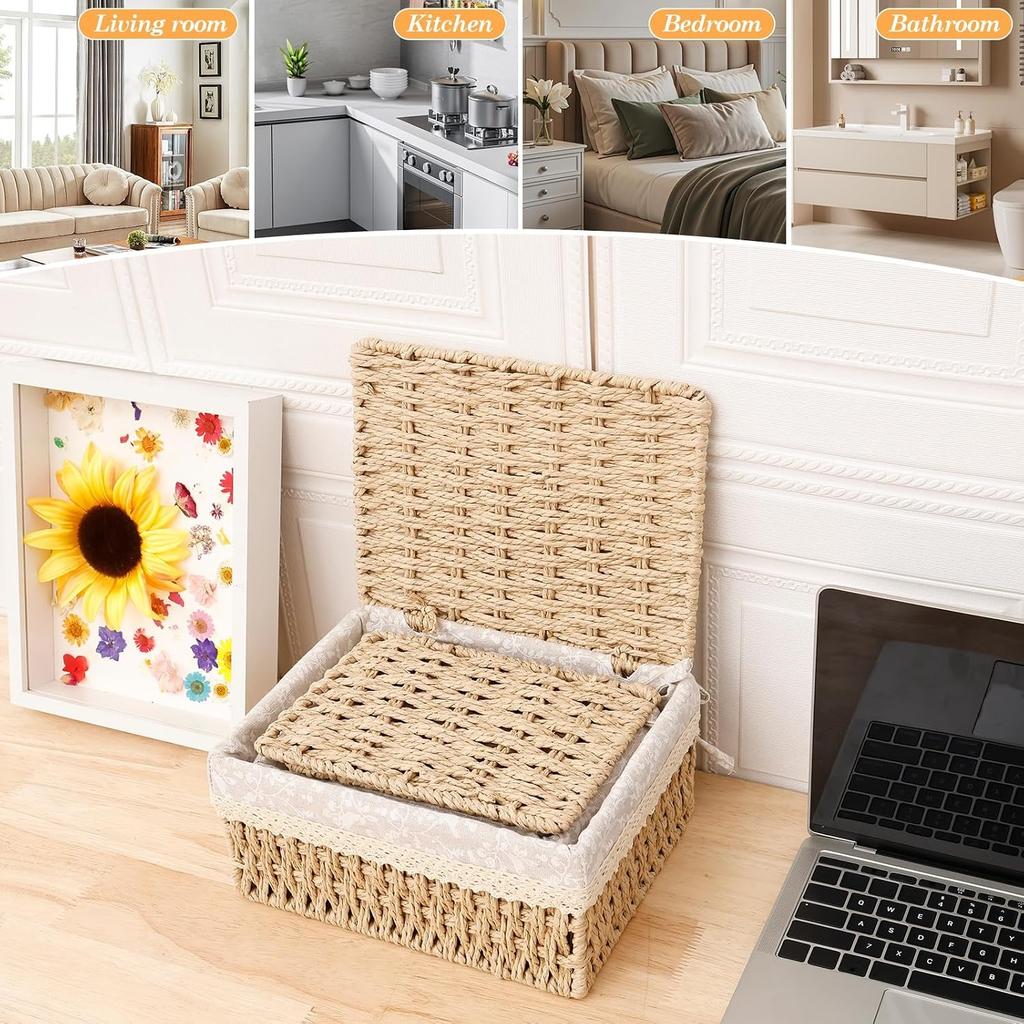 Set of 3 Woven Storage Baskets with Lids Decorative Paper Rope Wicker Baskets Nursery & Bedroom Organiser Boxes with Removable Washable Lining