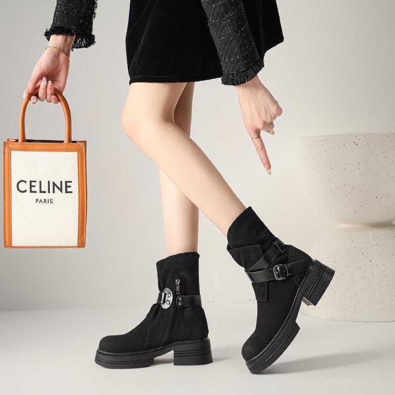 Women's Vintage Round Toe Leather Ankle Boots - Thick Sole, Chunky Heel, Short Tube for Autumn/Winter