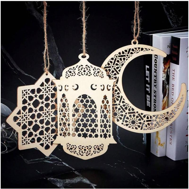 3 Pieces of Wooden Pendant Jewelry, Decorated with Moon, Stars, Wind Chimes, Can Be Used for Eid Al Fitr Decoration