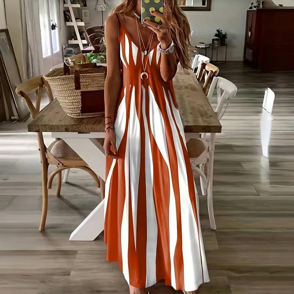 LYRIA Sexy Sleeveless Dress Women Black White Stripe Printed Long Dresses Summer Casual Vacation Party Dress Robe
