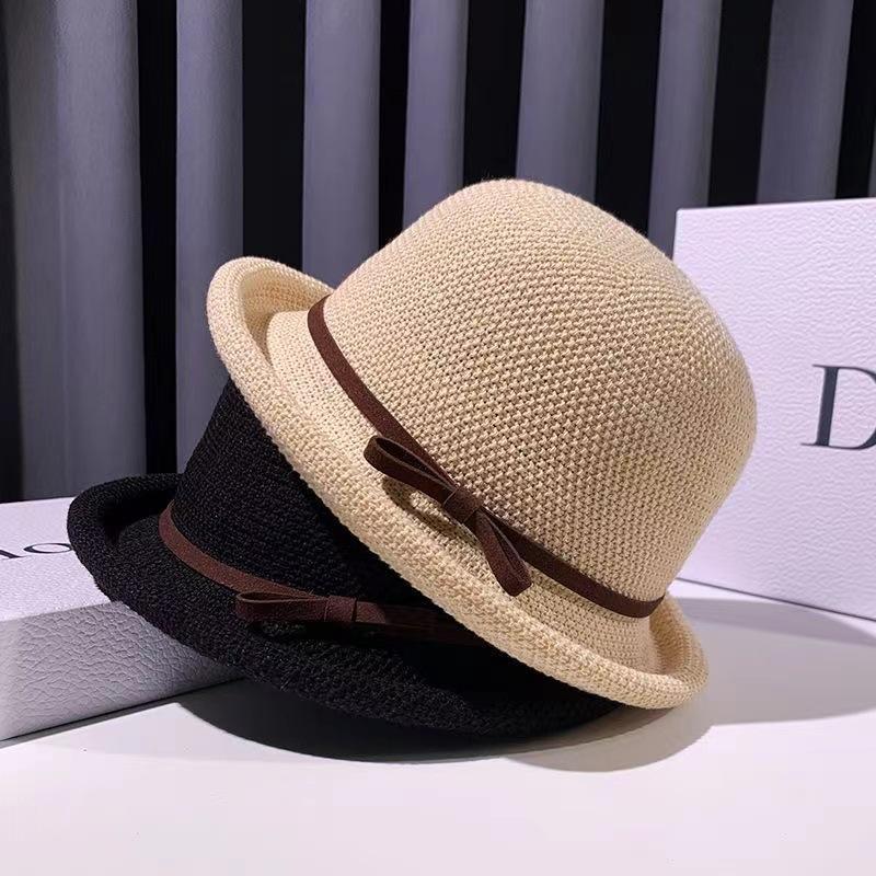 Dámský slaměný klobouk s ohrnutým okrajem Klasický klobouk typu bowler Sluneční klobouk s mašlí prodyšný Letní plážový klobouk