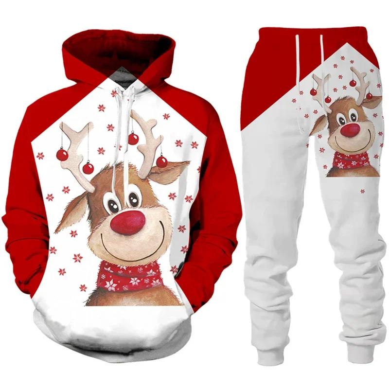 3D Print Hoodies Suit Christmas Santa Claus Man Woman Tracksuit Pants 2pcs Sets New Year Holiday Party Casual Pullover Oversized