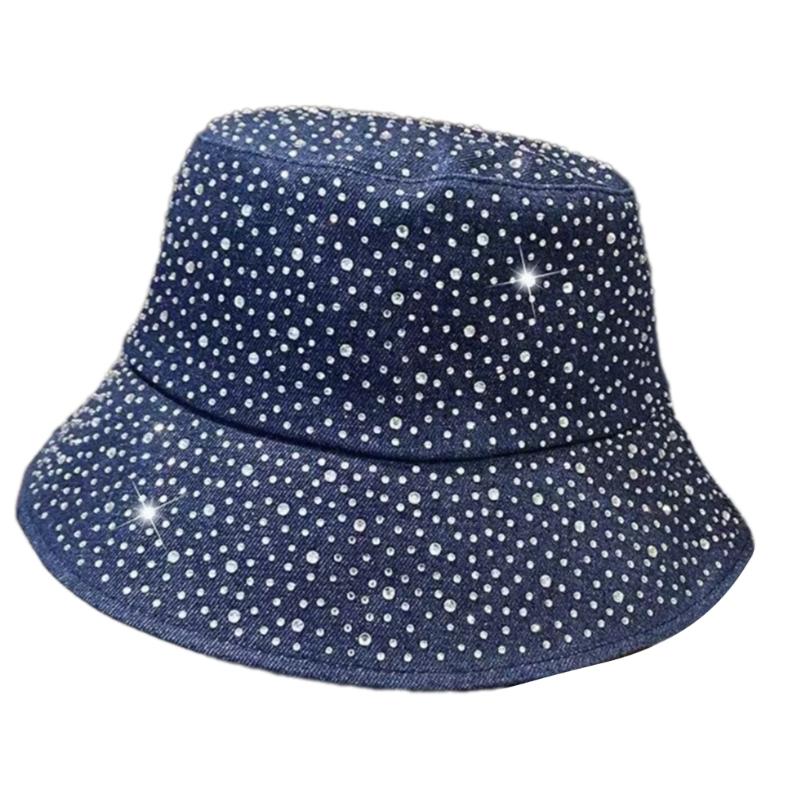 Rhinestones Decor Fisherman Hat Sun Foldable Bucket Hat for Vacation