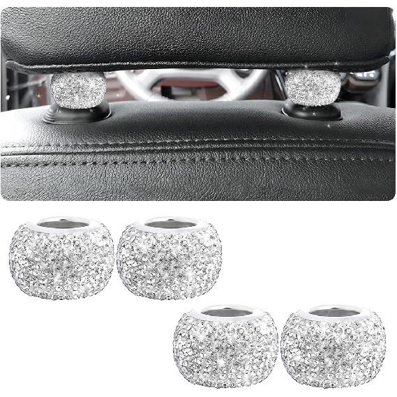 BELOMI 4 Pack Car Headrest Collars, Bling Car Head Rest Collars Rings Decor, Rhinestone Car Head Rest Collars, Diamond Interior Car Seat Accessory