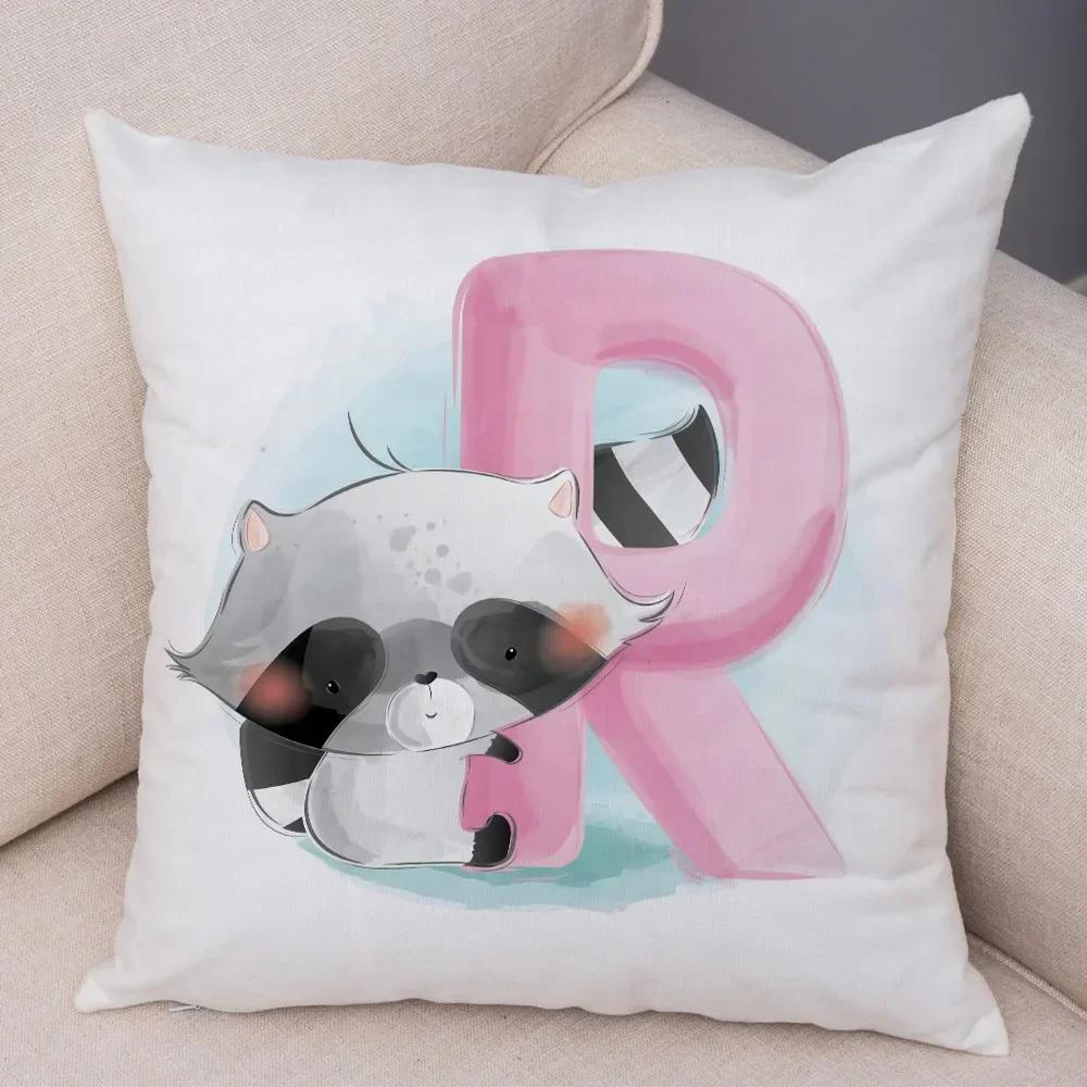 Cute Cartoon Cushion Cover Water Color English Letter Print Pillow Case Soft Animal Print Pillowcase For Children Room Decor