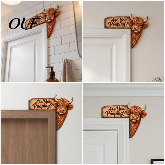 Cute Animal Door Ornament Funny Highland Cow Topper Sign, Are You Pooping Bathroom Decor, Farmhouse Style Accessories Peeking Corner for Restroom Home