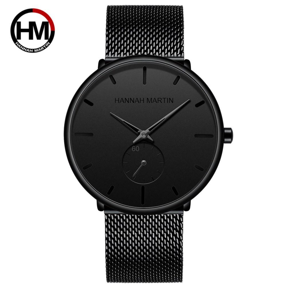 Hannah Martin Men's Ultra-Thin Dress Watch Waterproof Stainless Steel Band Black