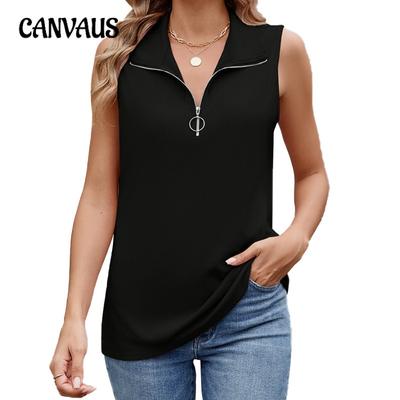 Dames Lente en Zomer Nieuw Effen Kleur Revers Rits Mouwloos Los T-shirt Vest