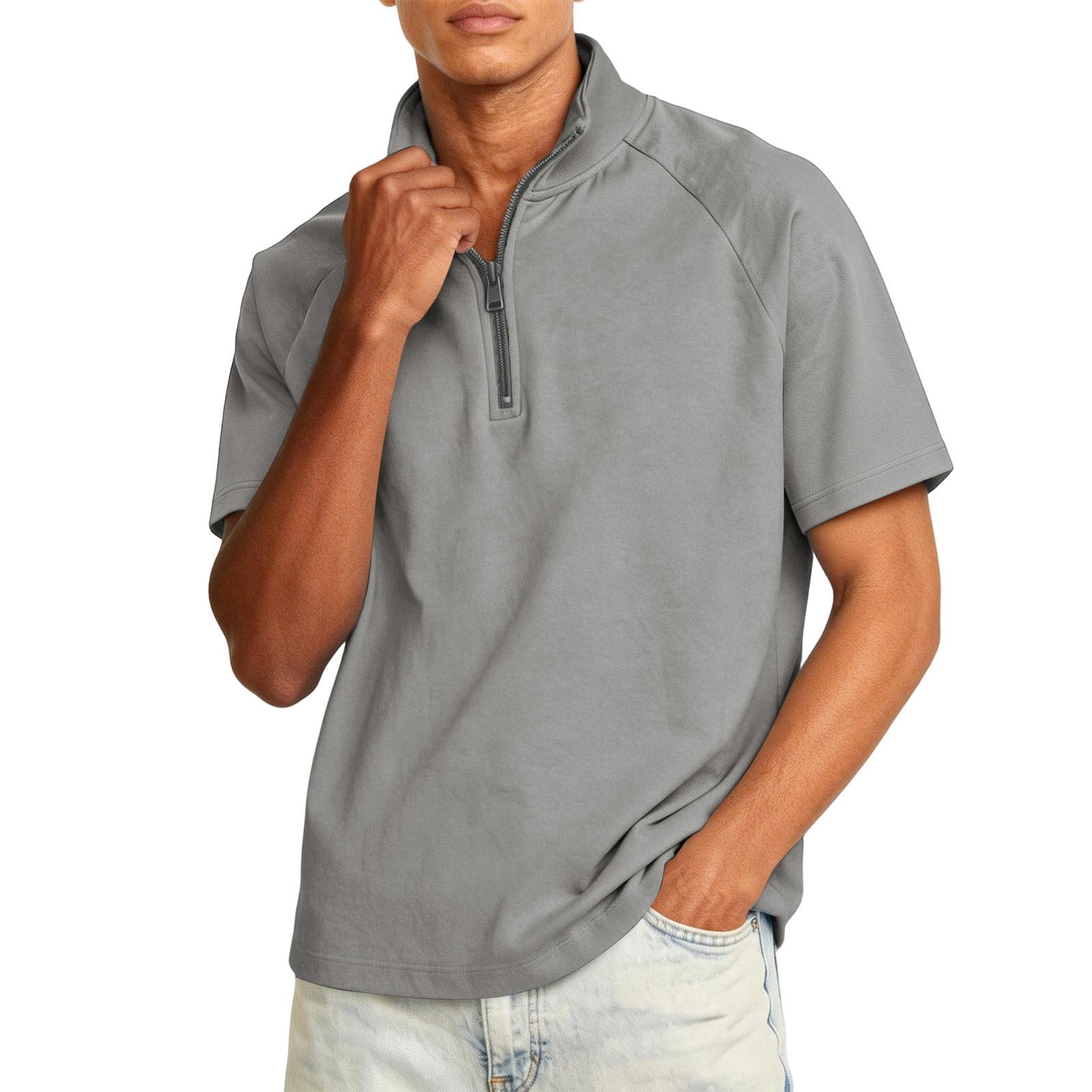 

Men s Quarter-length Zipper Stand-collar Casual Short-sleeved Shirt XXL