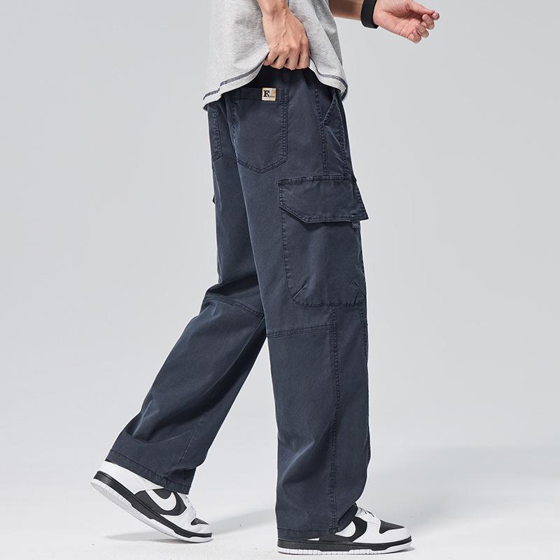 American trendy brand Lyocell large pocket overalls casual pants men's trend loose wide-leg straight elastic waist trousers