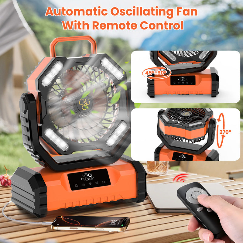 20000mAh Battery Operated Fan, Portable Rechargeable Desk/Camping Fan with LED Light and Hook, Outdoor Fan for Tent Car Trip