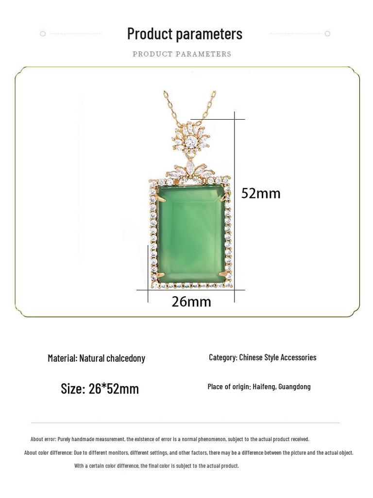 Aieryuan Chinese Ethnic Jade Pendant Necklace - Natural Green Chalcedony Peaceful Square for Men and Women