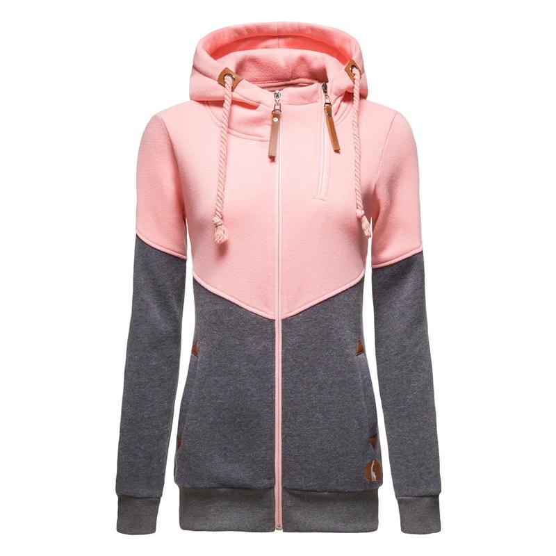 Women's double-zip color-blocked hooded long-sleeved fleece slim sweatshirt