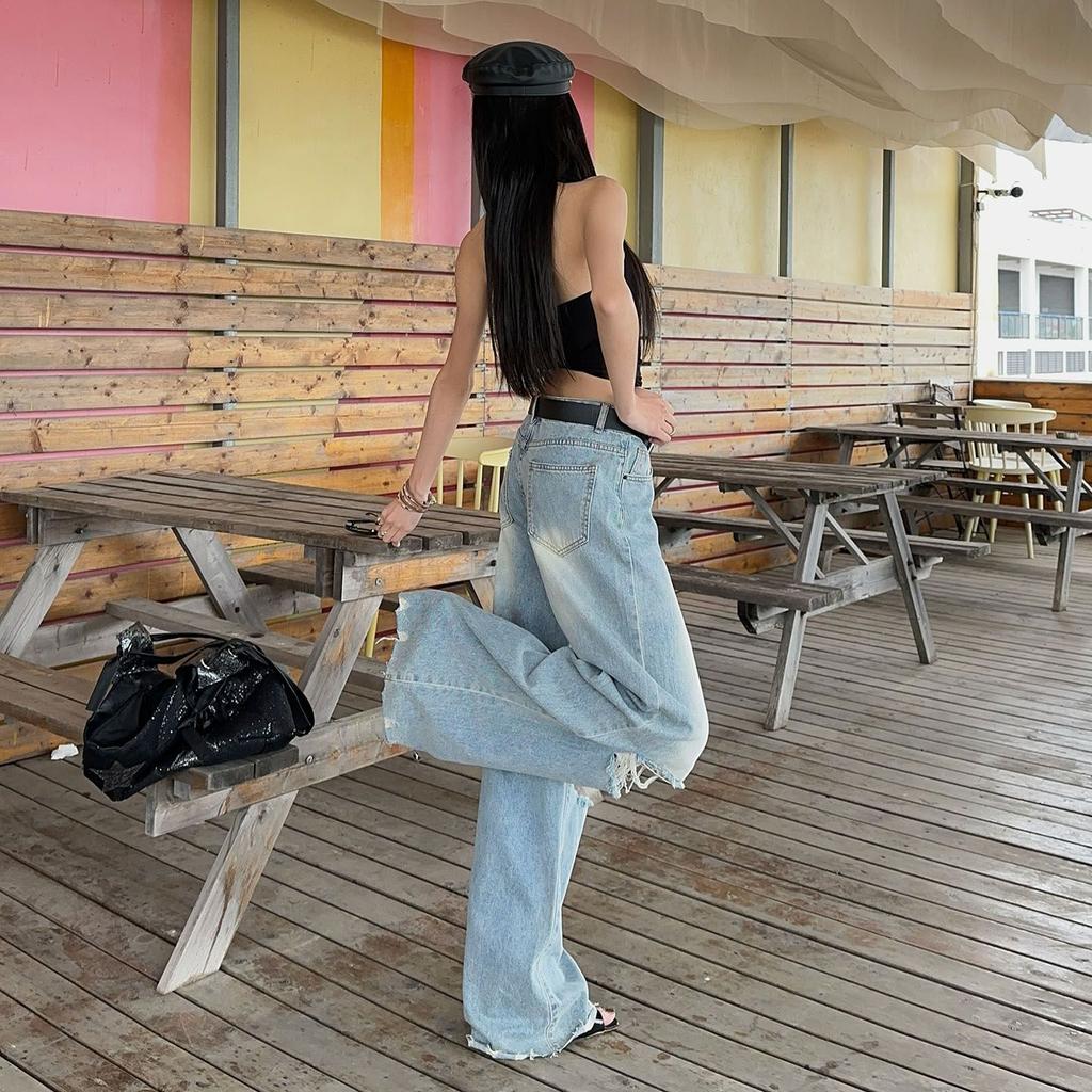 Spring Summer Vintage Ripped Straight High Street Slim Floor Wide Leg Denim Pants For Women Casual Pants Oversize Denim Trousers