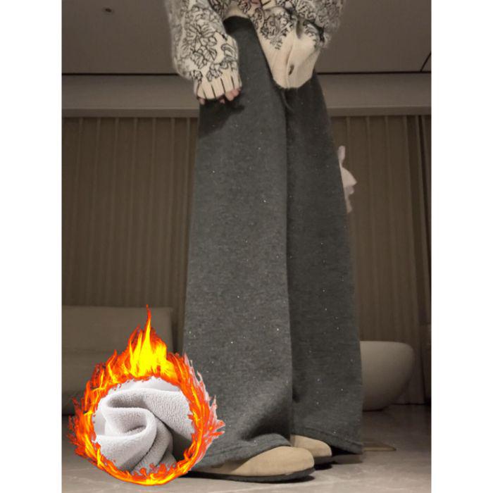 Petite Women s High-Waisted Sequined Wide-Leg Pants, Light Gray Velvet, Autumn/Winter 2025 Collection. Large