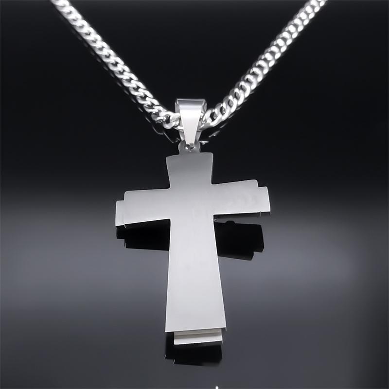 Collana con Croce di Gesù Acciaio Inossidabile Catena per Uomini Colore Argento Crocifisso Collane Religiose Gioielli Collare Cruz N2343S05