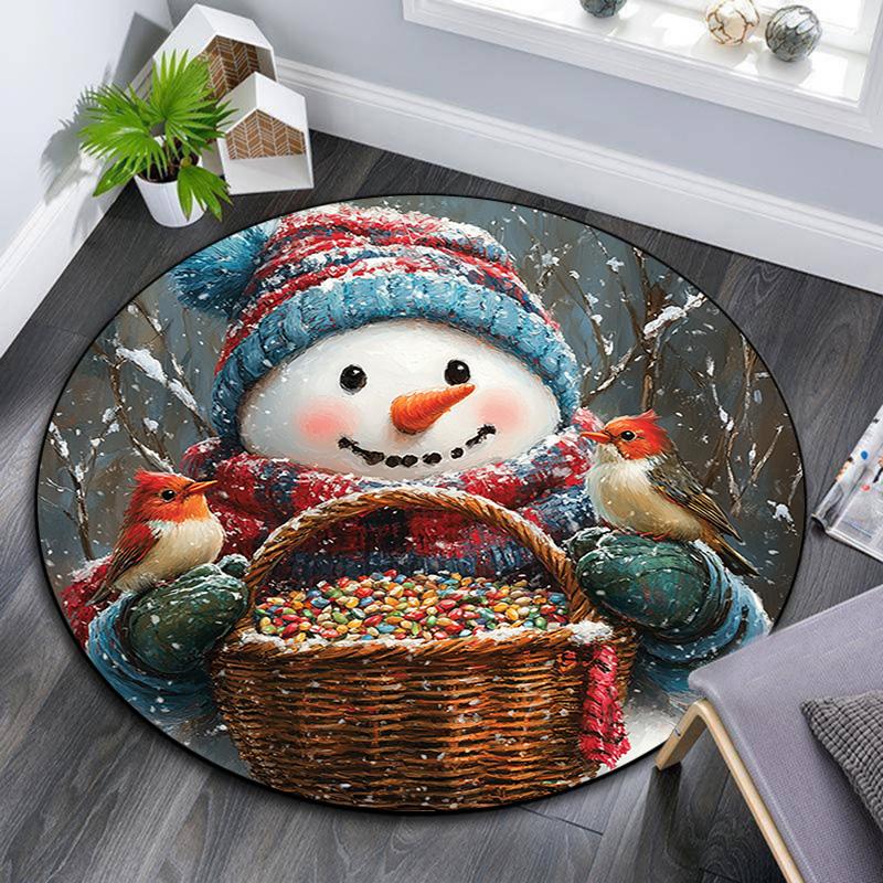 Snowman with Birds Round Area Rug,Carpet Rug for Living Room Bedroom Sofa Playroom Decor,Non-slip Floor Mat