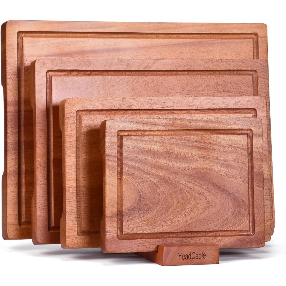 Set of 4 Non-Toxic Solid Sapele Wood Cutting Boards with Holder and Juice Grooves for Kitchen