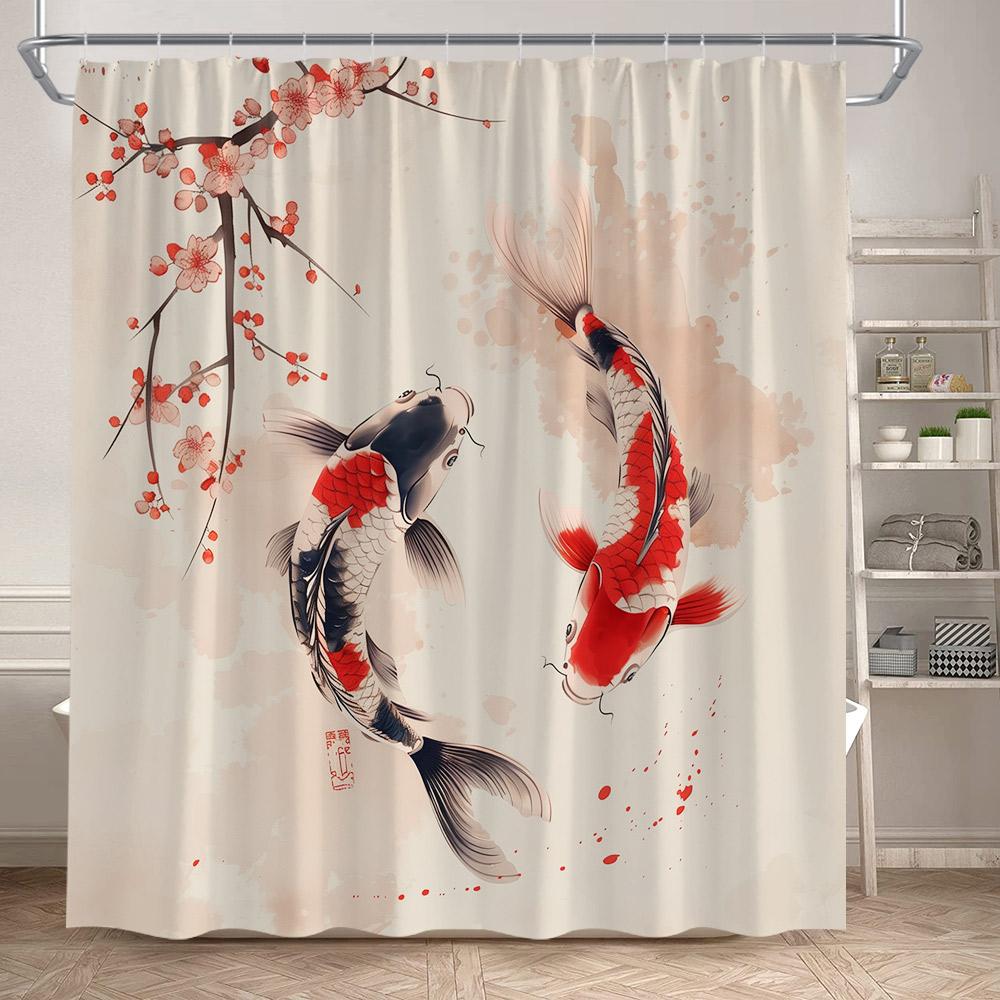 Pink Cherry Blossom Koi Fish Shower Curtains Watercolour Floral Lotus Leaves Carp Japanese Style Bathroom Curtain Set Home Decor