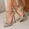 2025 Summer Silver Rhinestone Bow Stiletto Sandals - Roman Straps, Versatile High Heels