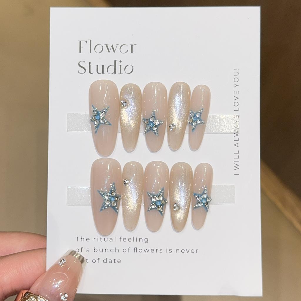 Naked spar blue star cat's eye pure hand-worn nail ice transparent ins wind advanced nail patch fake nail