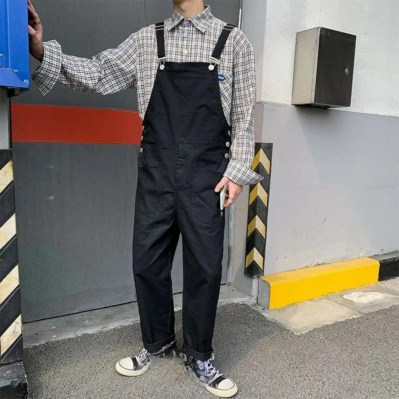 Hong Kong Style Bib Pants Men's Summer Suspenders Korean Version of Loose Straight Nine-point Wide-leg Pants Super Fire Bib Pants