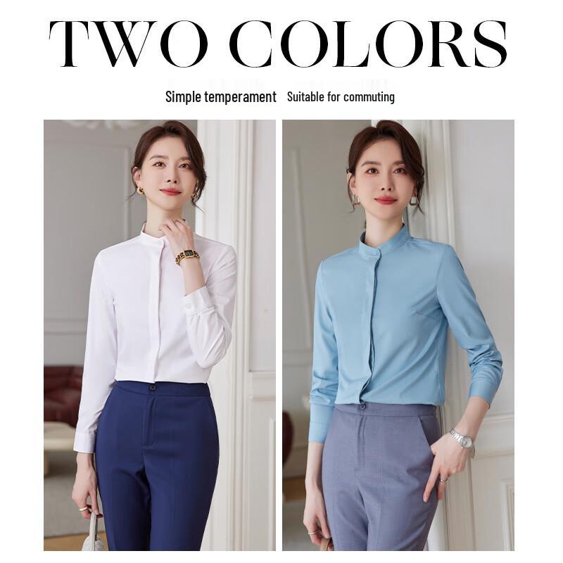 Teluoman Women's Professional Long-Sleeve Stand-Collar Blouse