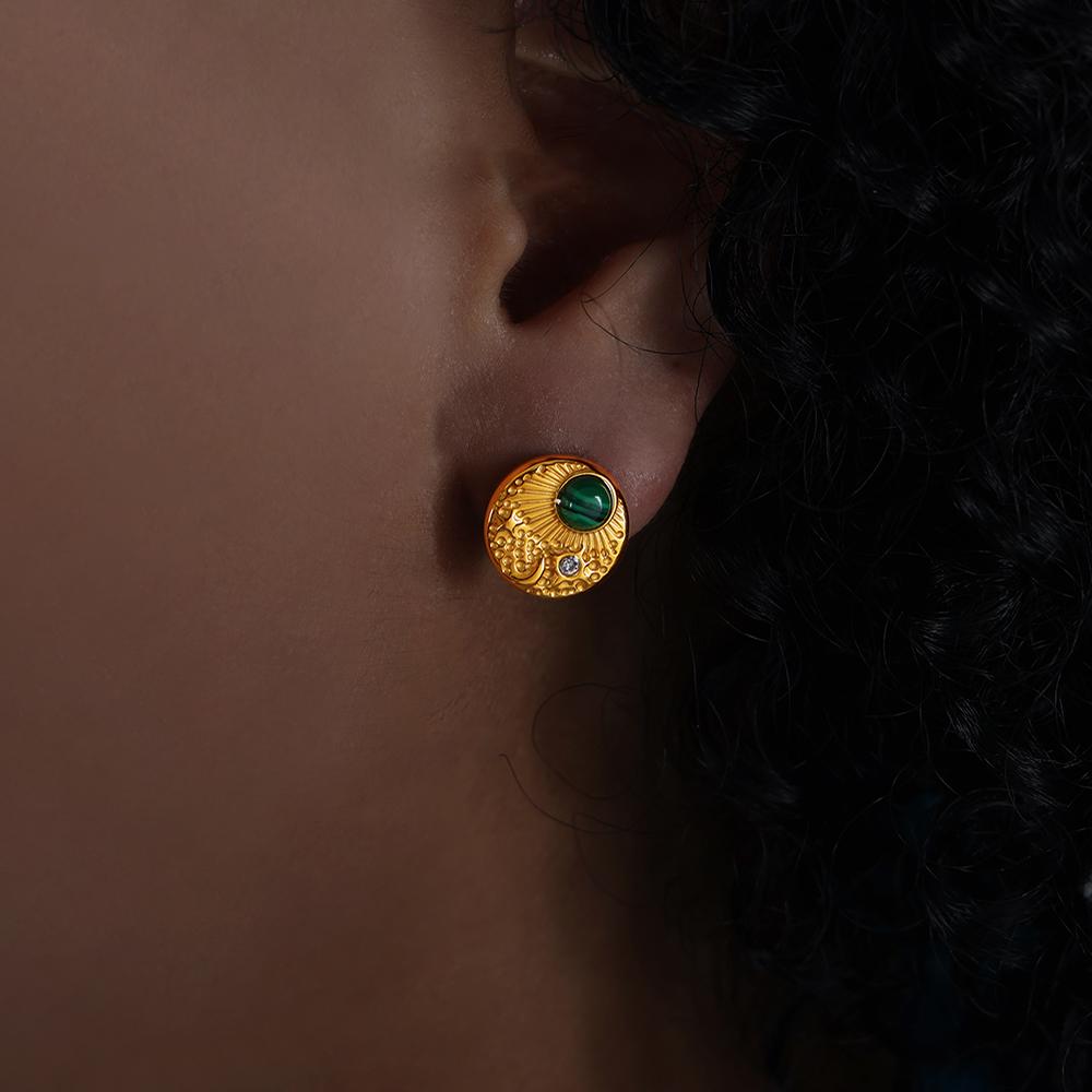 French Earrings Personalized Turquoise Inlaid Zircon Earrings Geometric Temperament Niche Hong Kong Style Girls Jewelry