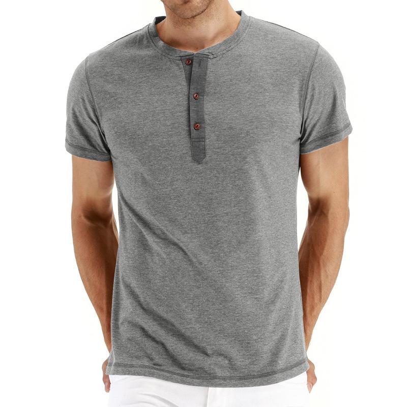 Bavlněné pánské tričko s henley límečkem, módní design, slim fit, jednobarevné tričko, pánské topy, trička s krátkým rukávem
