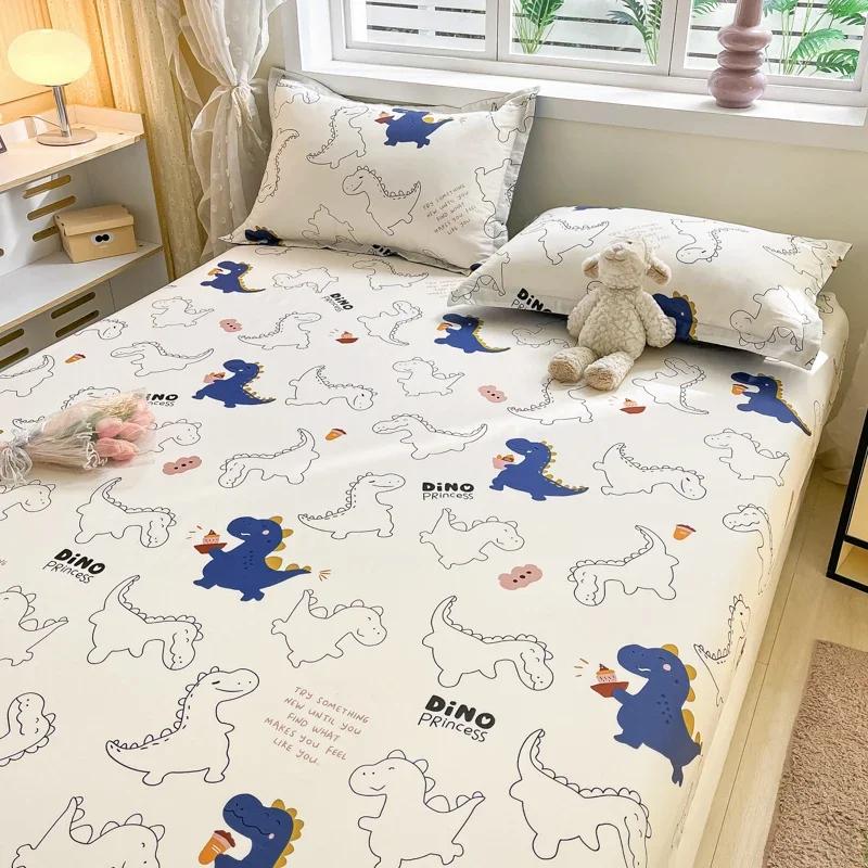 Bettlaken aus 100 % Baumwolle auf elastischem Matratzenbezug mit süßem Dinosaurier-Aufdruck für Kinder, Cartoon-Bettwäsche aus reiner Baumwolle (ohne Kissenbezug)