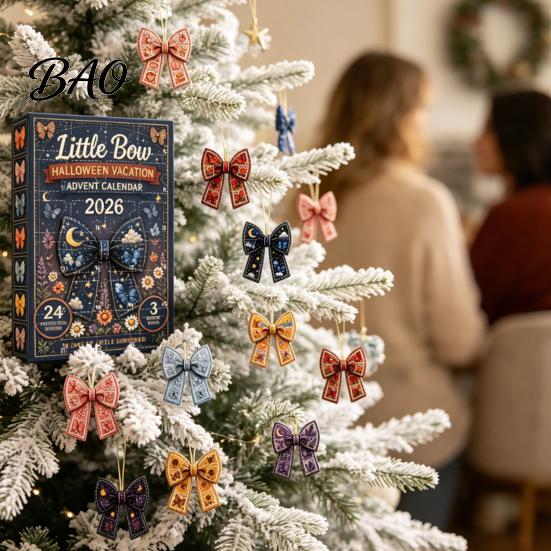 24 Day Countdown Calendar 24Pcs Christmas Advent with Retro 2D Flat Acrylic Bow Ornaments, Decorative Romantic Home Decor Accents Holiday Set for Tree