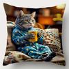 1Pc Funny Cat In Bathrobe Print Throw Pillow Cover, 2D Double-Sided Polyester Cushion Case, Cozy Lazy Cat Home Decor Pillow, Gif