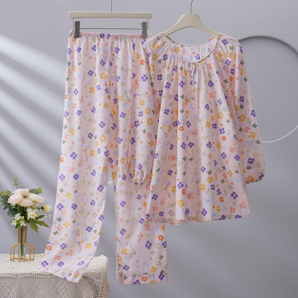 Spot new women's spring, summer and autumn cotton silk long-sleeved thin loose garden collar set simple and comfortable loungewear