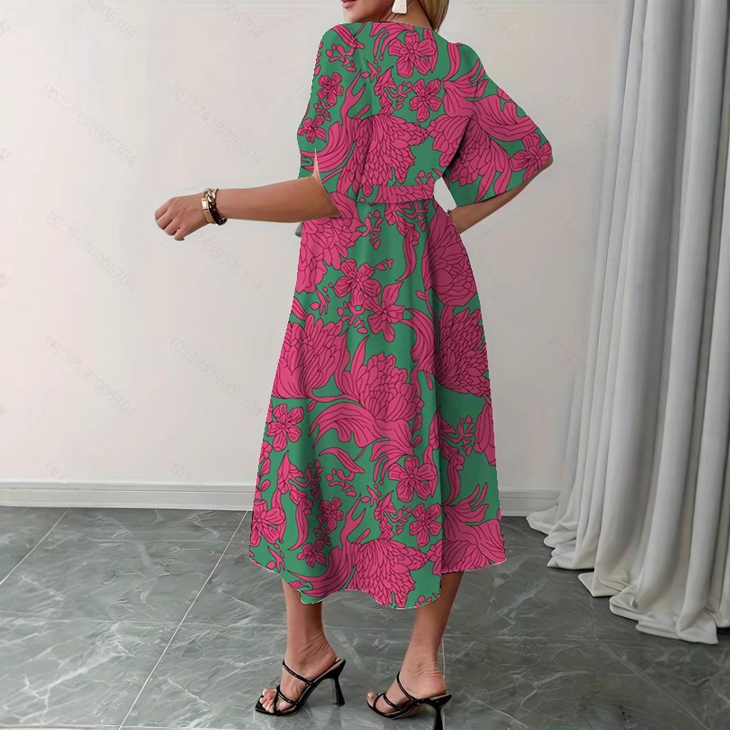 Women's V Neck Short Sleeve Floral Print Midi Dress Loose Fit Mid Waist Vintage Tie Belt Vacation A Line Dress