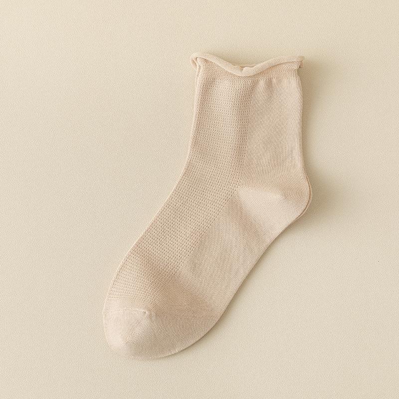 Female Spring and Autumn Solid Color Curled Loose Mouth Mesh College Wind Yuezi Tube Cotton Socks