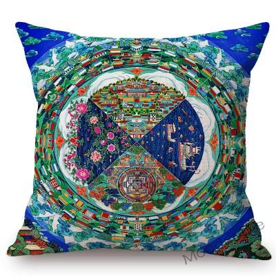 Colorful Blue Buddhism Artwork Bodhisattva Fortune God Sakyamuni Tangka Buddha Painting Sofa Pillow Case Linen Cushion Cover