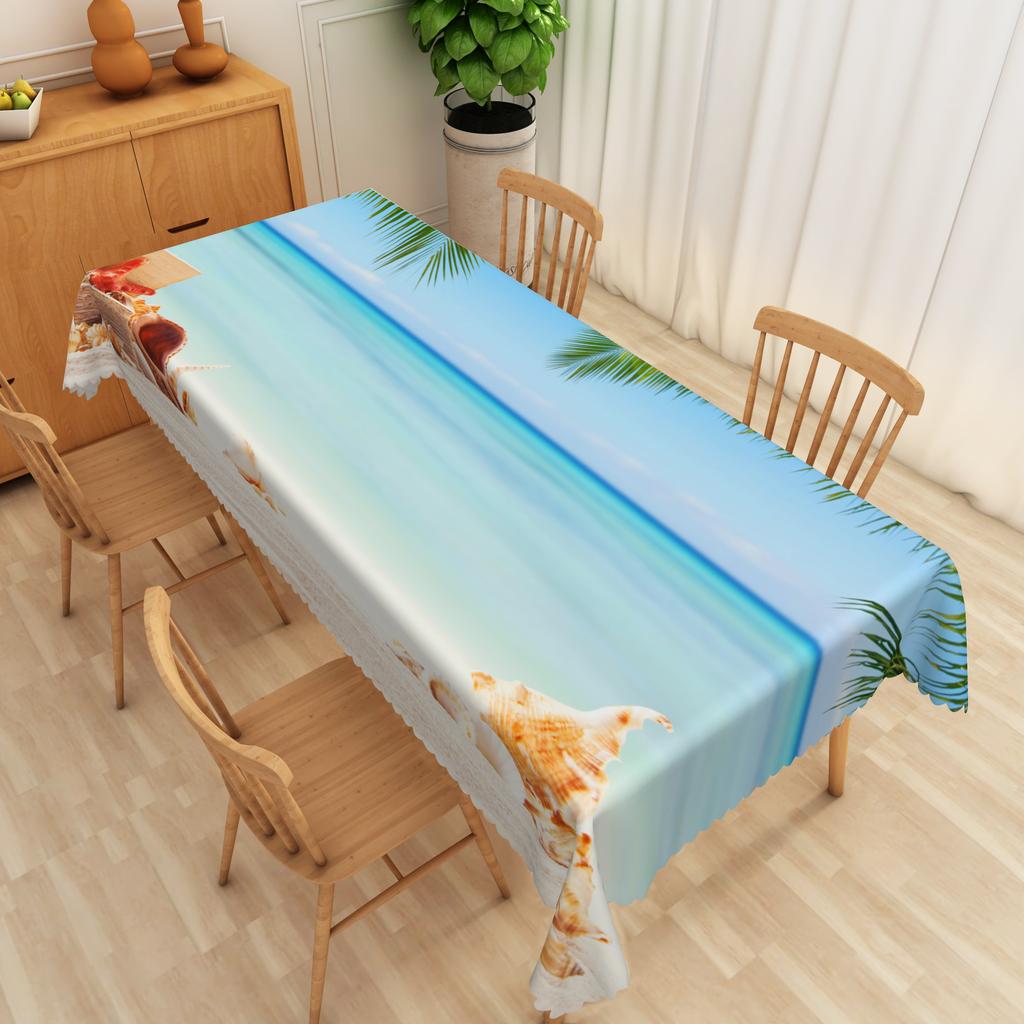 Ocean Blue Tablecloth Seashell Starfish Wave Beach Print Waterproof Table Cover For Kitchen Decoration Birthday Party Tablecloth