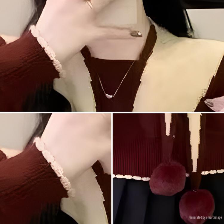 Chic Red Christmas Shawl Sweater for Women - Korean Style Knit Top, Petite Autumn/Winter Fashion