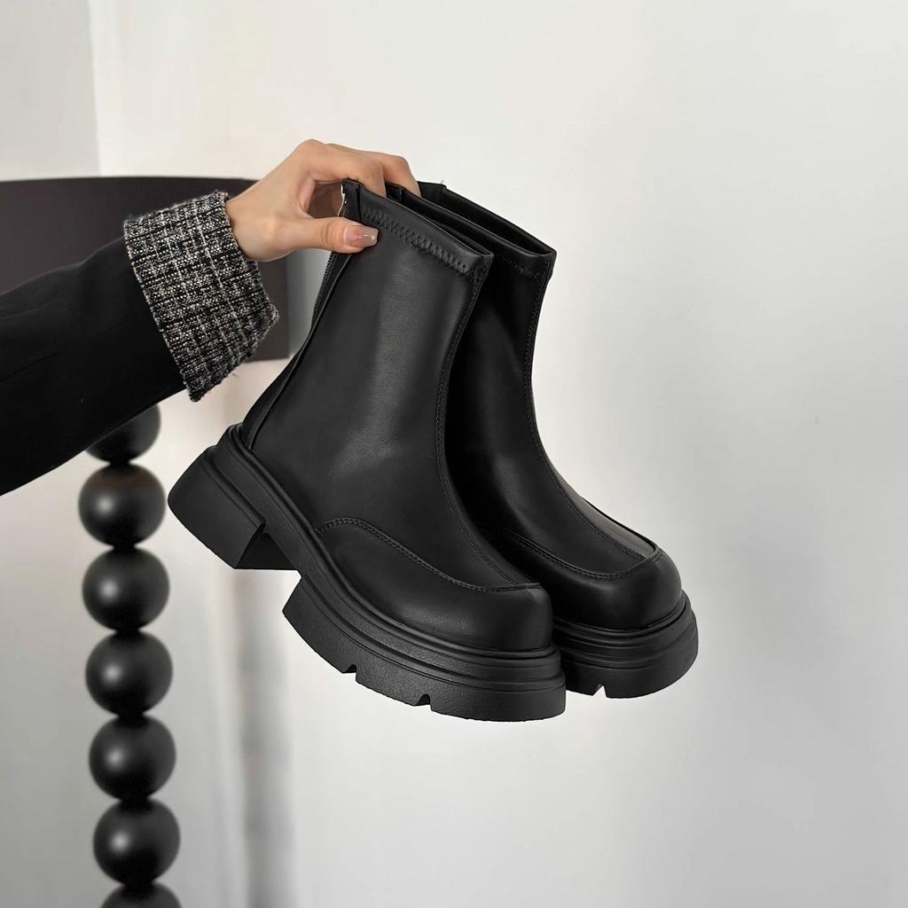 Popular Versatile Platform Short Boots Women's Single Boots 2025 Spring and Autumn New British Style Elastic Thin Boots Heightening Martin Boots